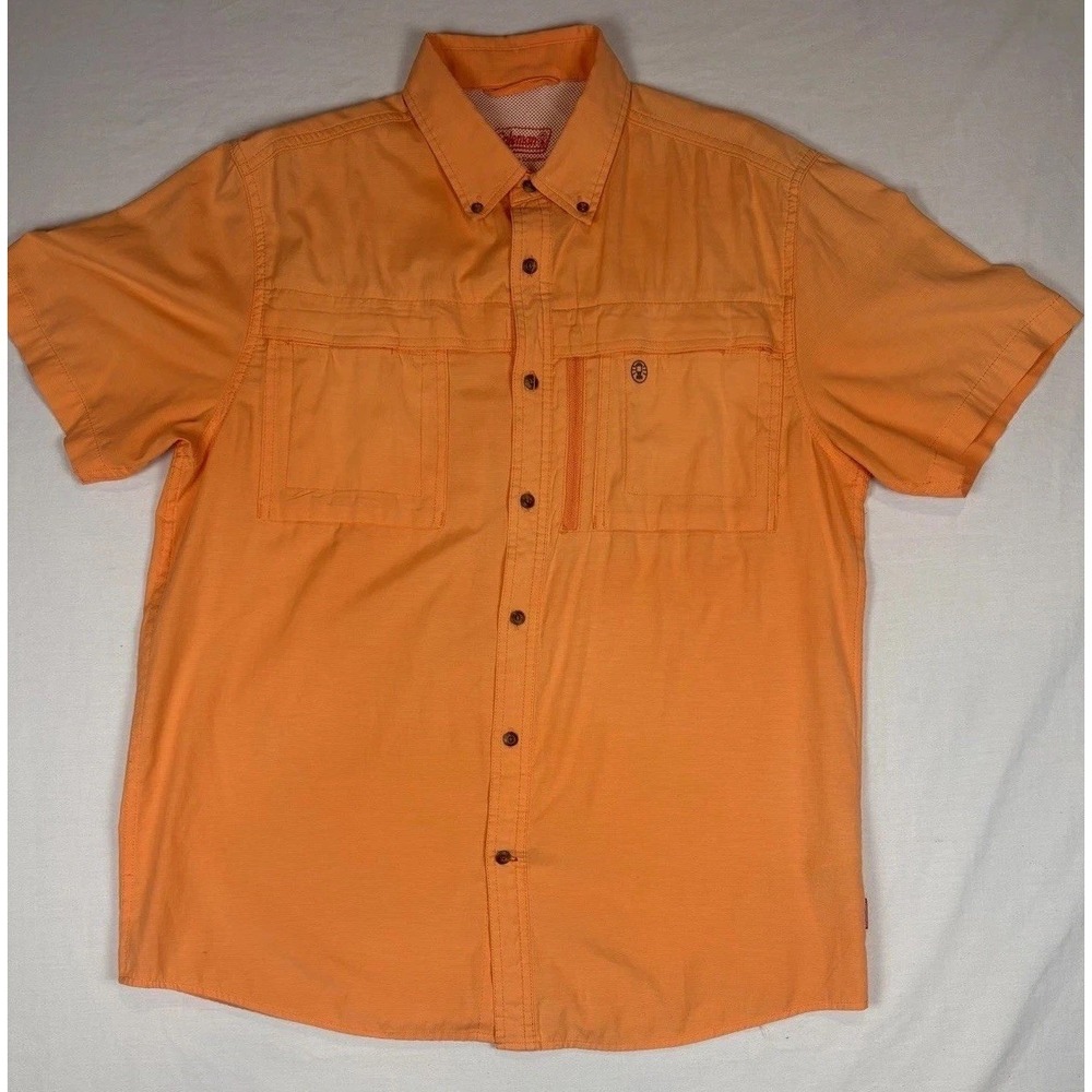 Coleman Shirt Mens Med Orange Short Sleeve Outdoor Fishing Button Up Pockets